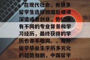 留学生毕业后毕业学历的多元化程度越来越高。在现代社会，有很多留学生选择回国后继续深造或者创业，他们拥有不同的专业背景和学习经历，最终获得的学历也各不相同。，海外留学毕业生学历多元化的趋势加剧，中国留学生的教育选择与社会需求深度交融