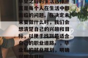 毕业之后的生活选择一直是每个人在生活中都面临的问题。在决定未来要做什么时，我们会想清楚自己的兴趣和目标，以便于找到最适合自己的职业道路。，毕业后的就业规划，明确兴趣与目标