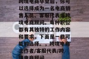 跨境电商毕业后，你可以选择成为一名电商销售人员、客服代表或跨境电商顾问。每种职位都有其独特的工作内容和要求，下面是一些可能的选择。，跨境电商工作者/客服代表/跨境电商顾问