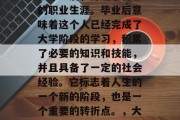 毕业就是指一个人从学校毕业后，开始了自己的职业生涯。毕业后意味着这个人已经完成了大学阶段的学习，积累了必要的知识和技能，并且具备了一定的社会经验。它标志着人生的一个新的阶段，也是一个重要的转折点。，大学毕业，新起点，新篇章