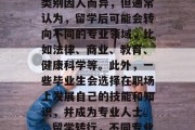 留学毕业后选择的职业类别因人而异，但通常认为，留学后可能会转向不同的专业领域，比如法律、商业、教育、健康科学等。此外，一些毕业生会选择在职场上发展自己的技能和知识，并成为专业人士。，留学转行，不同专业领域的就业趋势分析