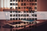 高中毕业是个人生的重要阶段，这是一个转折点，也是一个开始。在这个阶段，你将面临一些决定性的选择，可能会有更多的挑战和困难。下面是一些可能的选择，高中毕业，重要选择与挑战的转折点