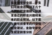 在金融学毕业后，学生们可能会选择以下几个不同的职业道路，以满足自己的职业兴趣和未来的职业规划。以下是一些可供参考的行业和职业建议，金融学毕业生就业前景分析