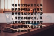 体育专业的毕业生可从事的多种职业，体育专业毕业生就业渠道广泛，从教练到运动员，从行政助理到市场营销专员，从营销人员到企业高层管理等等。