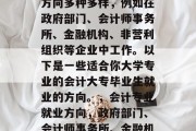 会计大专毕业后的就业方向多种多样，例如在政府部门、会计师事务所、金融机构、非营利组织等企业中工作。以下是一些适合你大学专业的会计大专毕业生就业的方向。，会计专业就业方向，政府部门、会计师事务所、金融机构和非营利组织等