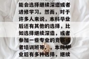 本科毕业后，很多人可能会选择继续深造或者进修学习。然而，对于许多人来说，本科毕业后还有其他的选择，比如选择继续深造，或者参加一些专业的竞赛或者培训班等。，本科毕业后有多种选择，继续深造或参加竞赛更多。