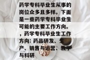 药学专科毕业生从事的岗位众多且多样。下面是一些药学专科毕业生可能的主要工作方向。，药学专科毕业生工作方向: 药品研发、生产、销售与运营、教学与科研