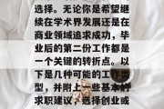 毕业后的第一份工作是一个充满挑战和机遇的选择。无论你是希望继续在学术界发展还是在商业领域追求成功，毕业后的第二份工作都是一个关键的转折点。以下是几种可能的工作类型，并附上一些基本的求职建议，选择创业或工作，评估每种工作的挑战与机会