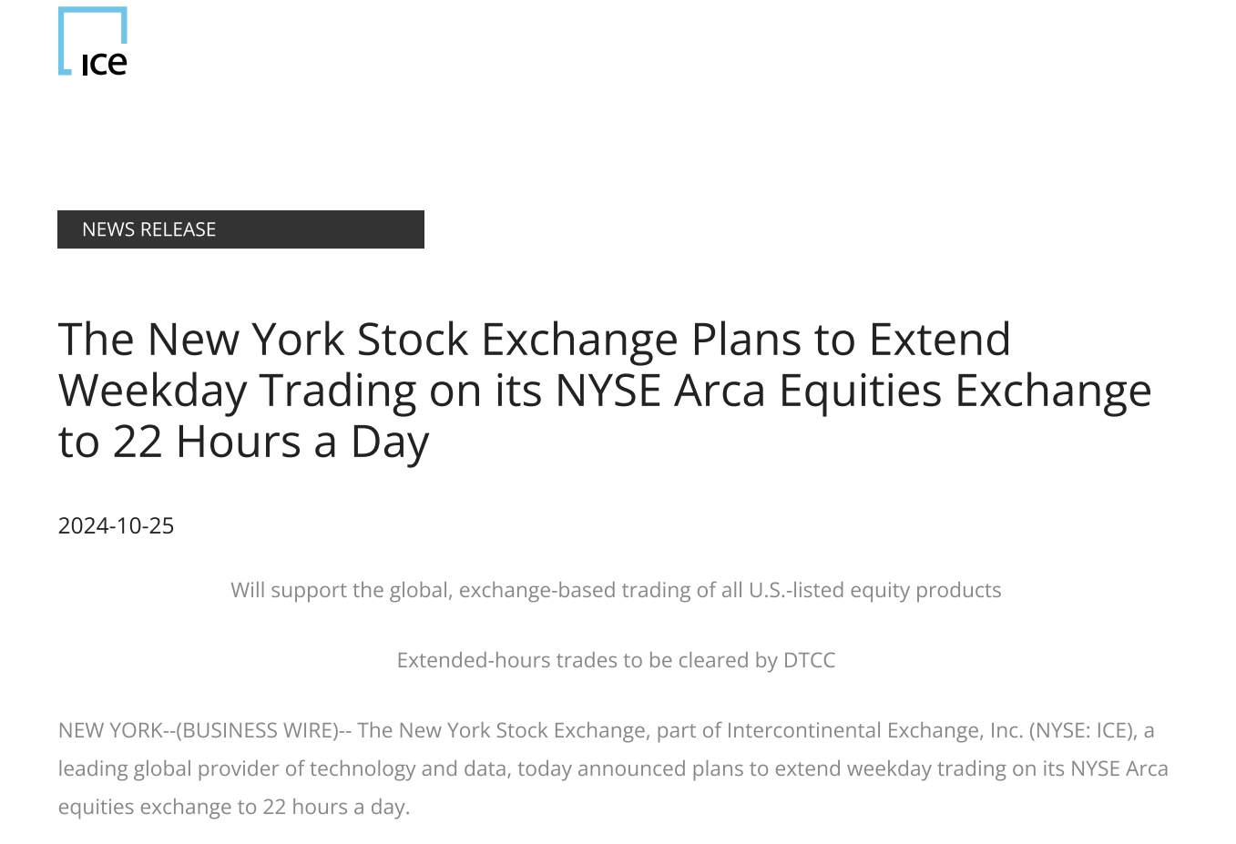 纽约证券交易所官宣:计划延长美股交易时段至一天22小时