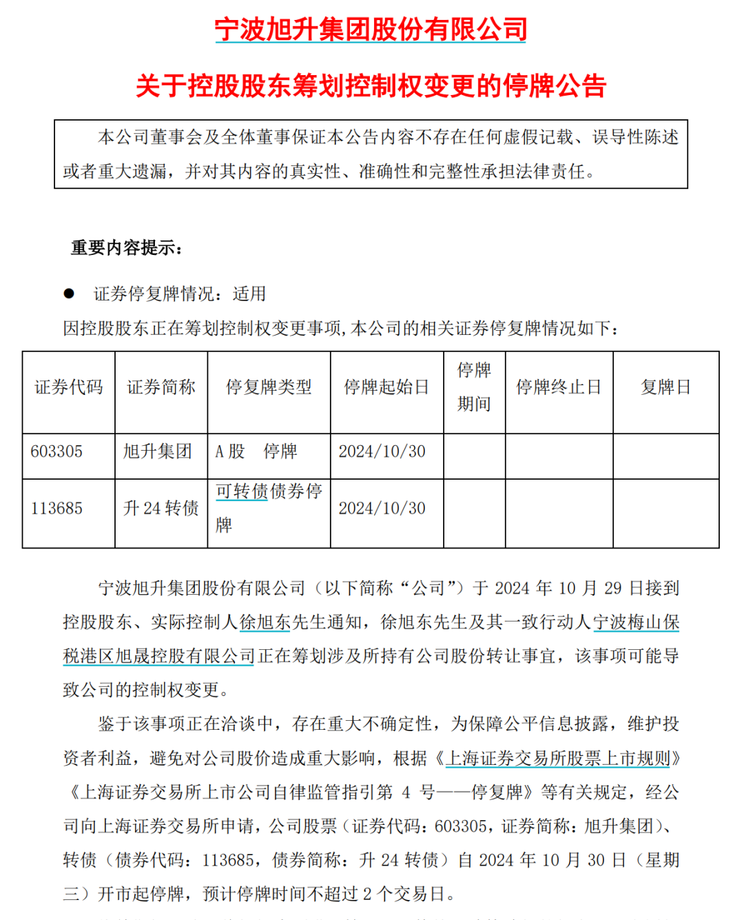 旭升集团停牌筹划公司股份转让,或导致控制权变更