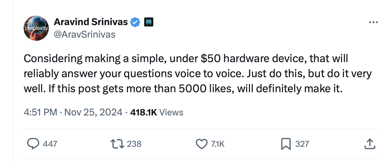 “AI搜索新贵”Perplexity要做硬件,CEO:价格低于50美元!