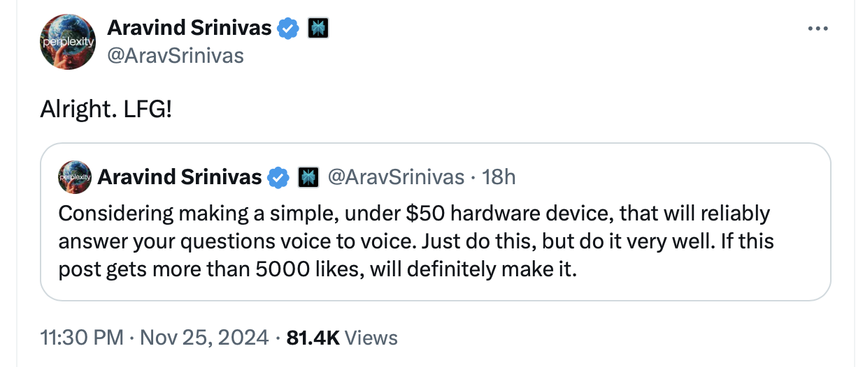 “AI搜索新贵”Perplexity要做硬件,CEO:价格低于50美元!