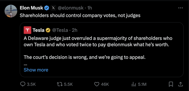560亿美元薪酬计划再被法官驳回,马斯克:公司应当由股东而非法官控制