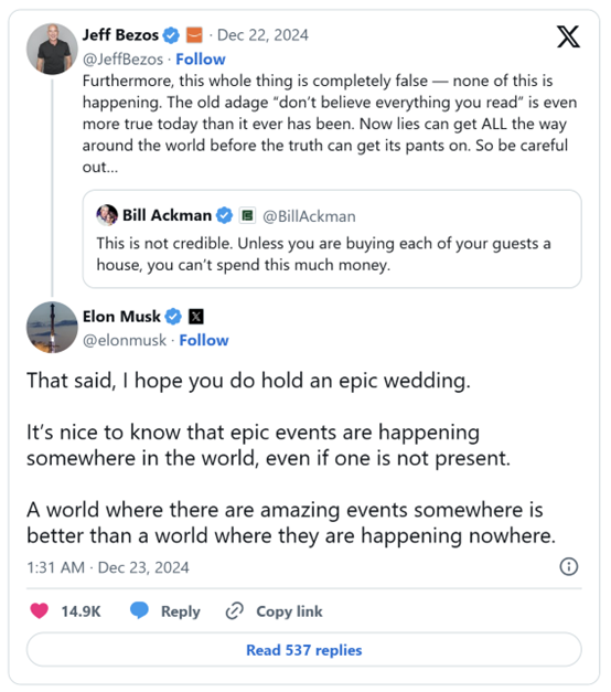 马斯克罕见向贝佐斯送祝福:希望你能举办一场“史诗般婚礼”