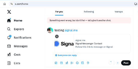 X 平台正在屏蔽指向信令(Signal)的链接