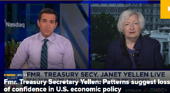 耶伦：由于关税问题，经济衰退风险 “大幅上升”