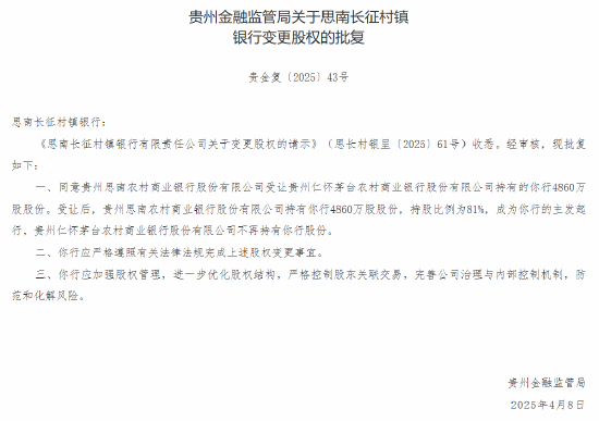 茅台农商行：获批转让6家所持村镇银行股份