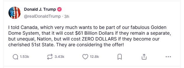 特朗普喊话加拿大:成为美国第51个州可免费获“金穹”保护!