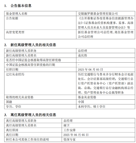 千亿基金“换帅”：27年老将谢卫转任专家，袁庆伟接任总经理