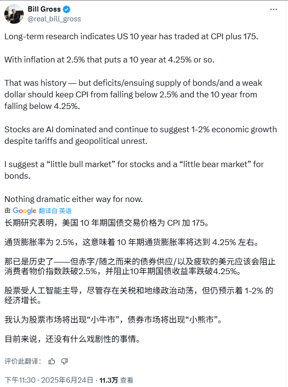 债王格罗斯:美股将迎来“小牛市”,而美债则是“小熊市”