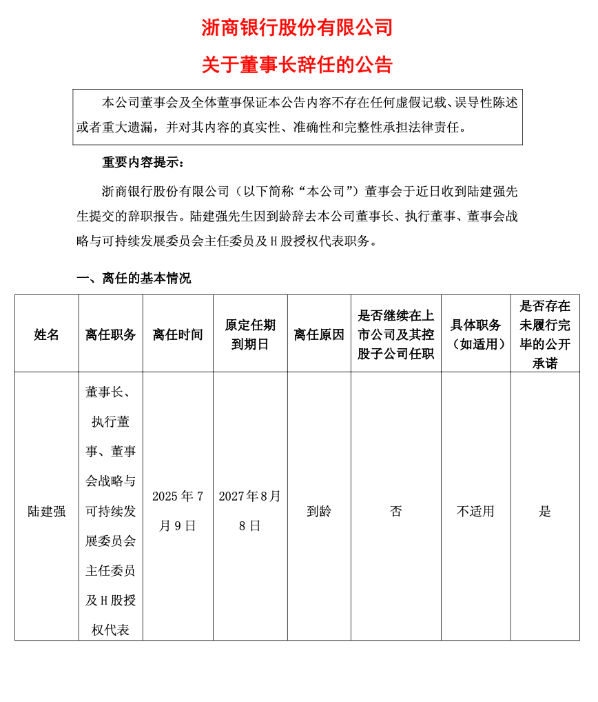 浙商银行官宣董事长陆建强到龄辞任 行长陈海强任职资格刚刚获批