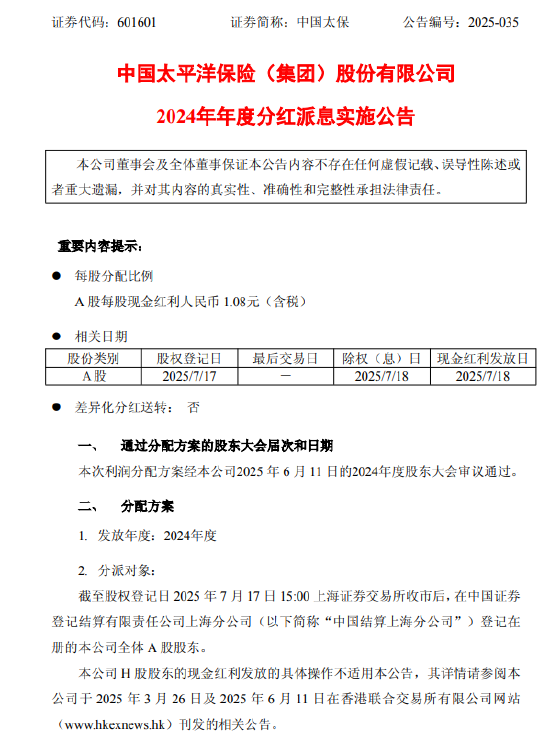 中国太保:7月18日A股每股派发现金红利1.08元(含税)