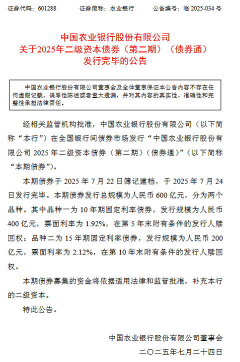 农业银行:2025年二级资本债券(第二期)发行完毕