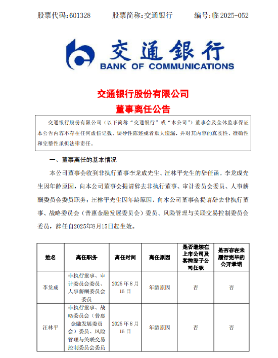交通银行：非执行董事李龙成、汪林平离任