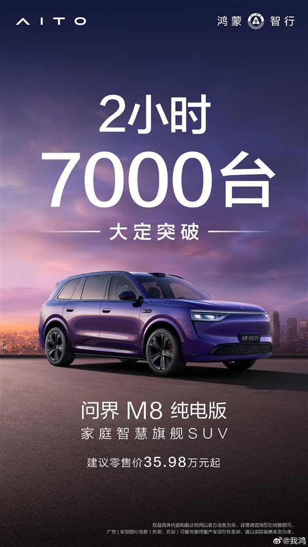号召力还看华为！35.98万起的问界M8纯电上市2小时大定破7000台
