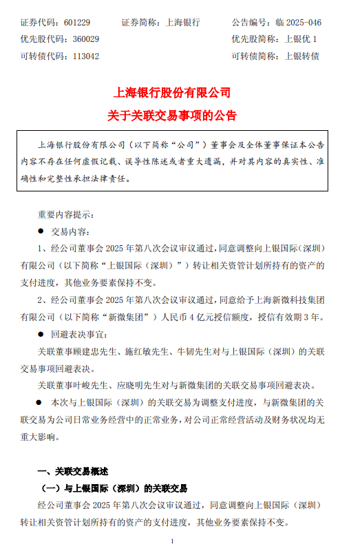 上海银行:拟给予新微集团人民币4亿元授信额度