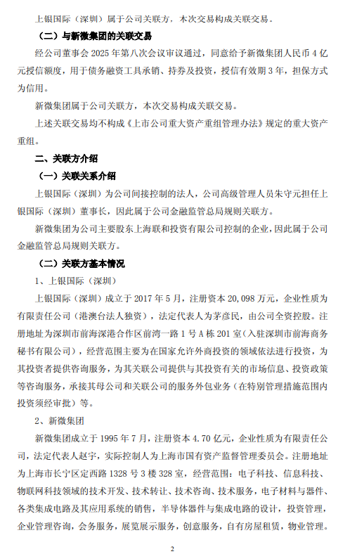 上海银行:拟给予新微集团人民币4亿元授信额度