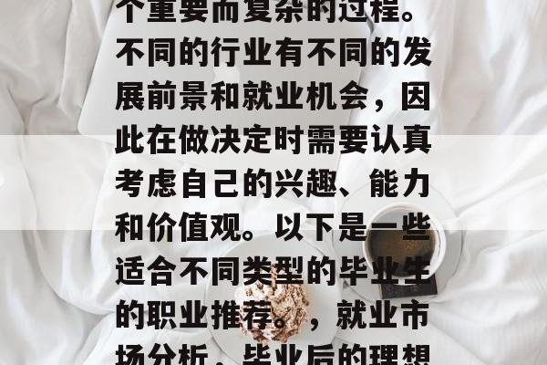 毕业后的职业选择是一个重要而复杂的过程。不同的行业有不同的发展前景和就业机会,因此在做决定时需要认真考虑自己的兴趣、能力和价值观。以下是一些适合不同类型的毕业生的职业推荐。,就业市场分析,毕业后的理想职业选择 毕业后的职业选择是一个重要而复杂的过程。不同的行业有不同的发展前景和就业机会,因此在做决定时需要认真考虑自己的兴趣、能力和价值观。以下是一些适合不同类型的毕业生的职业推荐。,就业市场分析,毕业后的理想职业选择