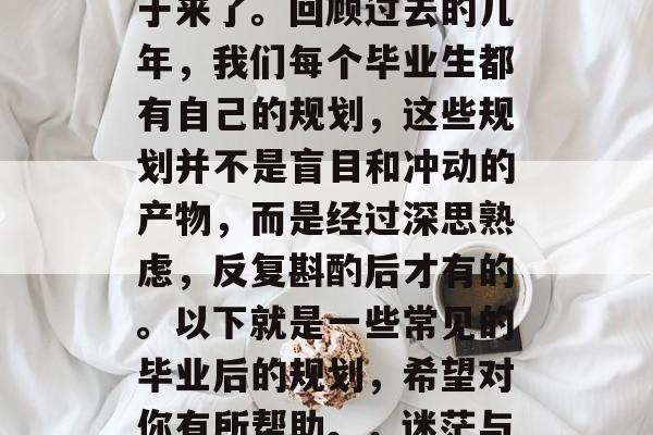 毕业了，这个你曾经觉得是梦寐以求的阶段终于来了。回顾过去的几年，我们每个毕业生都有自己的规划，这些规划并不是盲目和冲动的产物，而是经过深思熟虑，反复斟酌后才有的。以下就是一些常见的毕业后的规划，希望对你有所帮助。，迷茫与思考，历年毕业规划详解