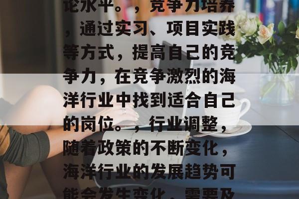 海事管理专业毕业后的未来发展路径及职业规划,海事管理专业毕业后可以从事海洋管理和调度工作,也可以在其他相关领域发展。未来可从以下几个方面考虑,,深造,可以选择海洋科学技术、经济学等相关学科进行深造,提升自身的专业素养和理论水平。,竞争力培养,通过实习、项目实践等方式,提高自己的竞争力,在竞争激烈的海洋行业中找到适合自己的岗位。,行业调整,随着政策的不断变化,海洋行业的发展趋势可能会发生变化,需要及时关注行业动态,灵活应对新的挑战。,职业规划,结合个人兴趣爱好和能力特长,制定一份全面的职业发展规划,并持续学习和适应行业的变化。,以上只是一些可能的方向性建议,具体的未来发展趋势需要结合具体情况进行分析和研究。 海事管理专业毕业后的未来发展路径及职业规划,海事管理专业毕业后可以从事海洋管理和调度工作,也可以在其他相关领域发展。未来可从以下几个方面考虑,,深造,可以选择海洋科学技术、经济学等相关学科进行深造,提升自身的专业素养和理论水平。,竞争力培养,通过实习、项目实践等方式,提高自己的竞争力,在竞争激烈的海洋行业中找到适合自己的岗位。,行业调整,随着政策的不断变化,海洋行业的发展趋势可能会发生变化,需要及时关注行业动态,灵活应对新的挑战。,职业规划,结合个人兴趣爱好和能力特长,制定一份全面的职业发展规划,并持续学习和适应行业的变化。,以上只是一些可能的方向性建议,具体的未来发展趋势需要结合具体情况进行分析和研究。
