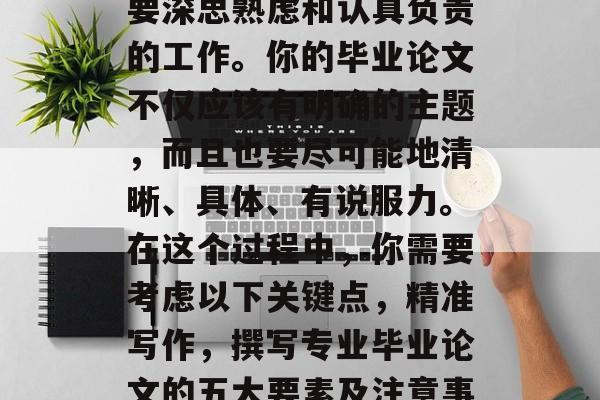毕业论文写作是一项需要深思熟虑和认真负责的工作。你的毕业论文不仅应该有明确的主题，而且也要尽可能地清晰、具体、有说服力。在这个过程中，你需要考虑以下关键点，精准写作，撰写专业毕业论文的五大要素及注意事项