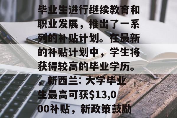 新西兰政府为鼓励GD毕业生进行继续教育和职业发展,推出了一系列的补贴计划。在最新的补贴计划中,学生将获得较高的毕业学历。,新西兰: 大学毕业生最高可获$13,000补贴,新政策鼓励他们继续深造 新西兰政府为鼓励GD毕业生进行继续教育和职业发展,推出了一系列的补贴计划。在最新的补贴计划中,学生将获得较高的毕业学历。,新西兰: 大学毕业生最高可获$13,000补贴,新政策鼓励他们继续深造