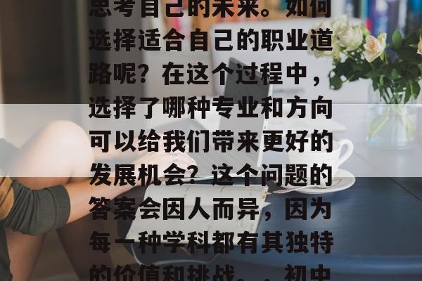 在初中毕业的那段时间里，每个人都在认真地思考自己的未来。如何选择适合自己的职业道路呢？在这个过程中，选择了哪种专业和方向可以给我们带来更好的发展机会？这个问题的答案会因人而异，因为每一种学科都有其独特的价值和挑战。，初中毕业生如何选择适合的职业路径?