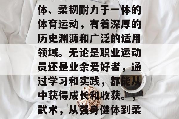 武术作为一门集强身健体、柔韧耐力于一体的体育运动，有着深厚的历史渊源和广泛的适用领域。无论是职业运动员还是业余爱好者，通过学习和实践，都能从中获得成长和收获。，武术，从强身健体到柔韧耐力的全面锻炼