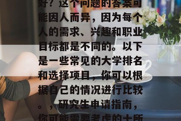 博士毕业后考什么学校好?这个问题的答案可能因人而异,因为每个人的需求、兴趣和职业目标都是不同的。以下是一些常见的大学排名和选择项目,你可以根据自己的情况进行比较。,研究生申请指南,你可能需要考虑的十所大学排名及选择项目 博士毕业后考什么学校好?这个问题的答案可能因人而异,因为每个人的需求、兴趣和职业目标都是不同的。以下是一些常见的大学排名和选择项目,你可以根据自己的情况进行比较。,研究生申请指南,你可能需要考虑的十所大学排名及选择项目
