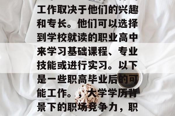 在职场生涯中，职业高中毕业生选择什么样的工作取决于他们的兴趣和专长。他们可以选择到学校就读的职业高中来学习基础课程、专业技能或进行实习。以下是一些职高毕业后的可能工作。，大学学历背景下的职场竞争力，职高中毕业生的选择与可能的工作前景