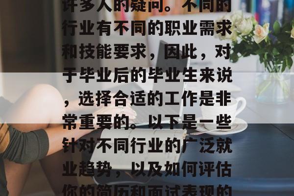 毕业后是否能找到一份合适的职场?这是一个许多人的疑问。不同的行业有不同的职业需求和技能要求,因此,对于毕业后的毕业生来说,选择合适的工作是非常重要的。以下是一些针对不同行业的广泛就业趋势,以及如何评估你的简历和面试表现的建议。,找工作,不同行业的趋势与求职指南 毕业后是否能找到一份合适的职场?这是一个许多人的疑问。不同的行业有不同的职业需求和技能要求,因此,对于毕业后的毕业生来说,选择合适的工作是非常重要的。以下是一些针对不同行业的广泛就业趋势,以及如何评估你的简历和面试表现的建议。,找工作,不同行业的趋势与求职指南