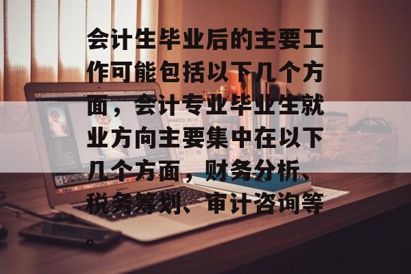 会计生毕业后的主要工作可能包括以下几个方面,会计专业毕业生就业方向主要集中在以下几个方面,财务分析、税务筹划、审计咨询等。 会计生毕业后的主要工作可能包括以下几个方面,会计专业毕业生就业方向主要集中在以下几个方面,财务分析、税务筹划、审计咨询等。