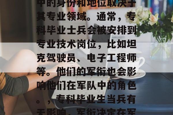 专科毕业的军人在军队中的身份和地位取决于其专业领域。通常，专科毕业士兵会被安排到专业技术岗位，比如坦克驾驶员、电子工程师等。他们的军衔也会影响他们在军队中的角色。，专科毕业生当兵有无影响，军衔决定在军队中的位置