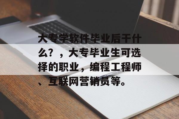 大专学软件毕业后干什么?,大专毕业生可选择的职业,编程工程师、互联网营销员等。 大专学软件毕业后干什么?,大专毕业生可选择的职业,编程工程师、互联网营销员等。
