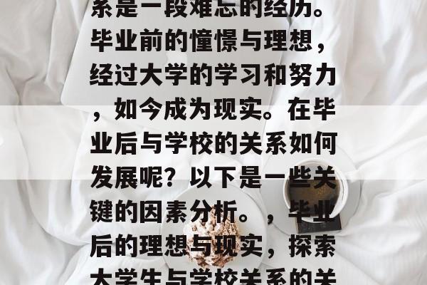 毕业后的关系与学校关系是一段难忘的经历。毕业前的憧憬与理想,经过大学的学习和努力,如今成为现实。在毕业后与学校的关系如何发展呢?以下是一些关键的因素分析。,毕业后的理想与现实,探索大学生与学校关系的关键因素分析 毕业后的关系与学校关系是一段难忘的经历。毕业前的憧憬与理想,经过大学的学习和努力,如今成为现实。在毕业后与学校的关系如何发展呢?以下是一些关键的因素分析。,毕业后的理想与现实,探索大学生与学校关系的关键因素分析