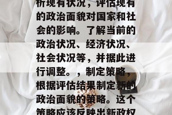 如何为政治面貌的重新设定做准备？，政治面貌的重新设定需要考虑很多因素，但可以尝试以下几点，，确定主要问题，你需要确定新政权的主要问题是什么。这可以帮助你明确需要做什么和需要寻找什么资源。，收集信息，收集关于新政权的信息，包括目标、预算、政策等。你可以从公开资料、政府报告、行业分析等获取这些信息。，分析现有状况，评估现有的政治面貌对国家和社会的影响。了解当前的政治状况、经济状况、社会状况等，并据此进行调整。，制定策略，根据评估结果制定新的政治面貌的策略。这个策略应该反映出新政权的目标、愿景、方针和措施。，实施策略，根据新的策略执行并监控其效果。根据经验教训和反馈不断调整策略。，监测进展，监测新的政治面貌在实施过程中的情况。如果存在问题或偏离预期，及时调整策略并采取适当的行动。，请注意，制定任何新的政治面貌都可能面临挑战和不确定性。因此，在开始之前，请做好充分的研究和准备。