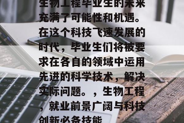 生物工程毕业生的未来充满了可能性和机遇。在这个科技飞速发展的时代,毕业生们将被要求在各自的领域中运用先进的科学技术,解决实际问题。,生物工程,就业前景广阔与科技创新必备技能 生物工程毕业生的未来充满了可能性和机遇。在这个科技飞速发展的时代,毕业生们将被要求在各自的领域中运用先进的科学技术,解决实际问题。,生物工程,就业前景广阔与科技创新必备技能