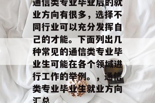 通信类专业毕业后的就业方向有很多，选择不同行业可以充分发挥自己的才能。下面列出几种常见的通信类专业毕业生可能在各个领域进行工作的举例。，通信类专业毕业生就业方向汇总