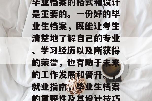 毕业档案的格式和设计是重要的。一份好的毕业生档案,既能让考生清楚地了解自己的专业、学习经历以及所获得的荣誉,也有助于未来的工作发展和晋升。,就业指南,毕业生档案的重要性及其设计技巧 毕业档案的格式和设计是重要的。一份好的毕业生档案,既能让考生清楚地了解自己的专业、学习经历以及所获得的荣誉,也有助于未来的工作发展和晋升。,就业指南,毕业生档案的重要性及其设计技巧