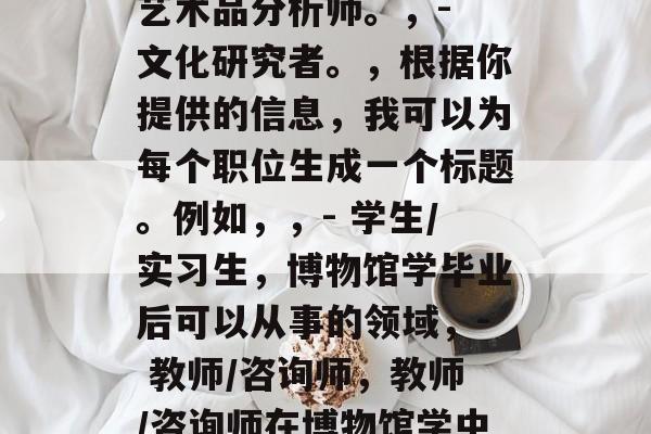 博物馆学毕业后可以做什么，博物馆学毕业生可从事的职业有，，- 教育机构，如小学、中学等。，- 学校课程设计与实施者。，- 俱乐部和组织负责人。，- 古董收藏家或艺术品分析师。，- 文化研究者。，根据你提供的信息，我可以为每个职位生成一个标题。例如，，- 学生/实习生，博物馆学毕业后可以从事的领域，- 教师/咨询师，教师/咨询师在博物馆学中的工作环境，- 教师，教师在博物馆学中如何开展教学活动，请注意，具体的教育机构和领域可能会因地区和学校的不同而有所不同，以上只是一些可能的建议。